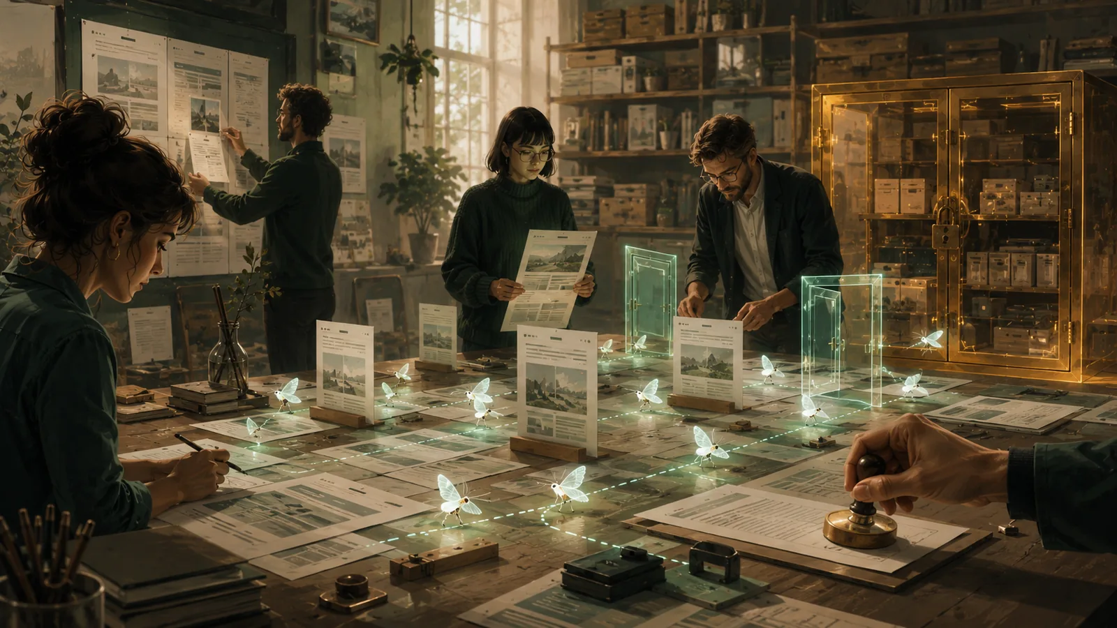 Illustration: AI agents, search systems, and website control as a visible workflow