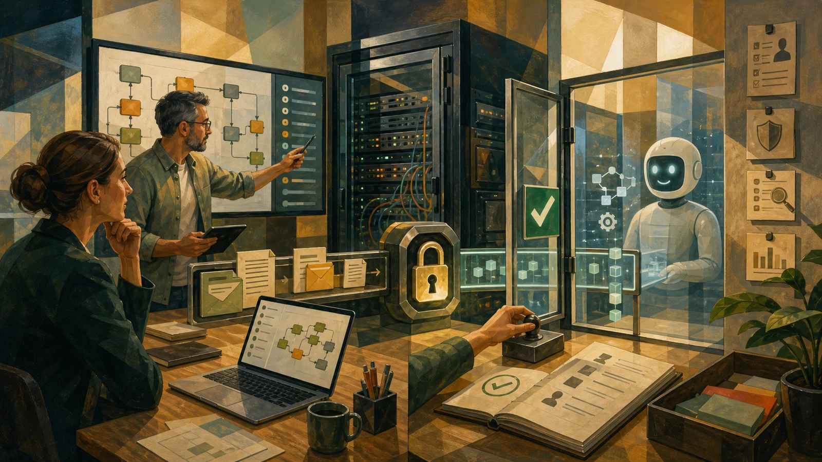 Editorial WebP scene: self-hosting, data sovereignty, audit logs and human approval inside an automation room