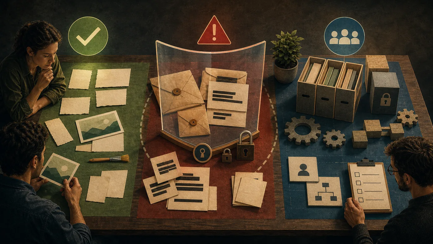 Decision table for no-login AI tools: harmless tasks, sensitive data and controlled team workflows