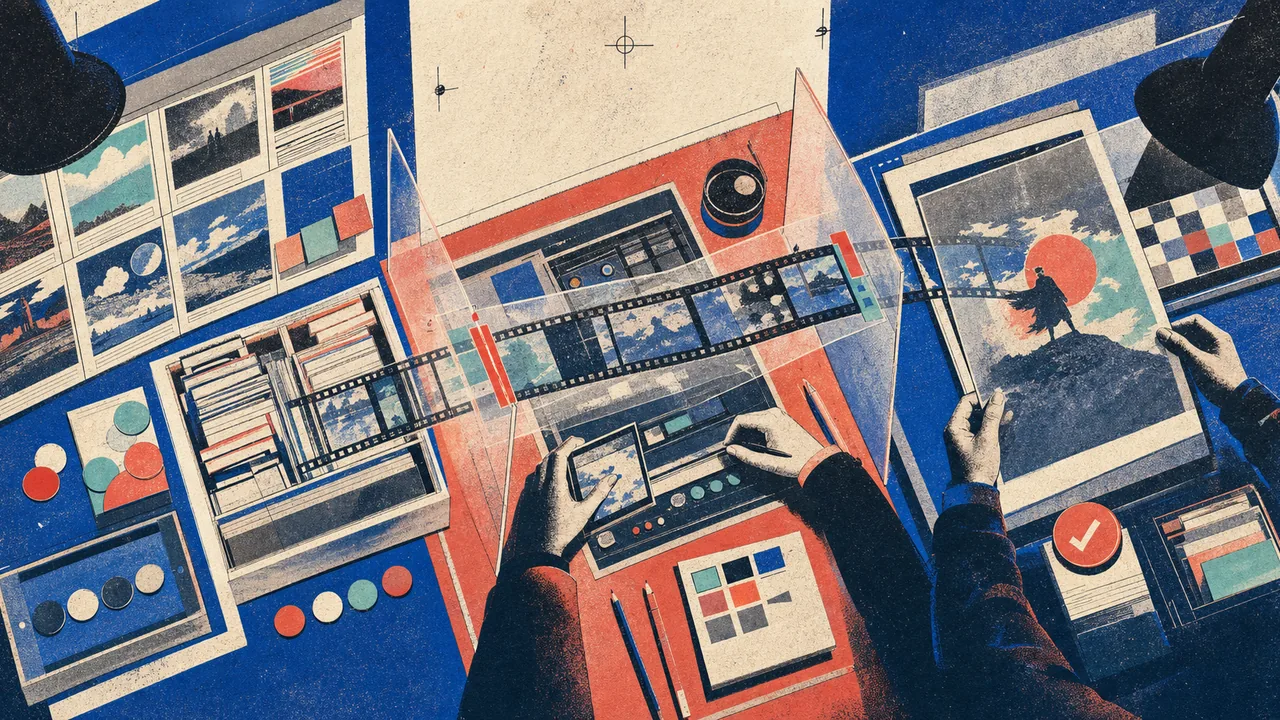 Ein grafischer KI-Video-Prozess mit Referenzmaterial, Schnittspur und Freigabeprüfung im Risograph-Stil.