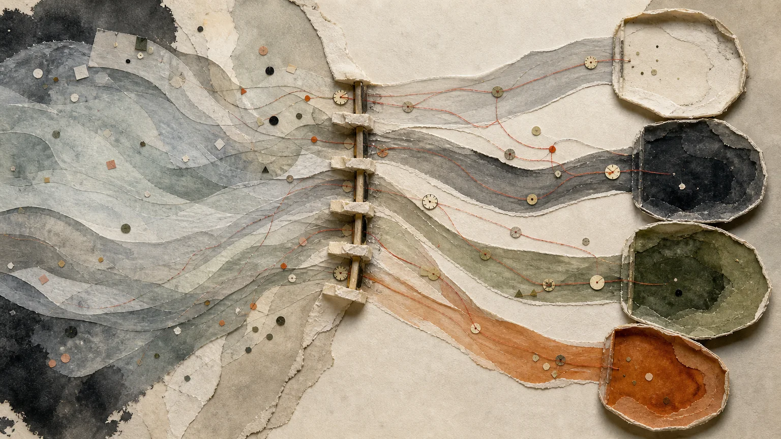 Handgemachter Papiercollage-Strom aus Ereigniswegen, kleinen Zeitmarken und getrennten Empfangsbecken als Bild fuer Routing, Nachvollziehbarkeit und kontrollierte Uebergaben
