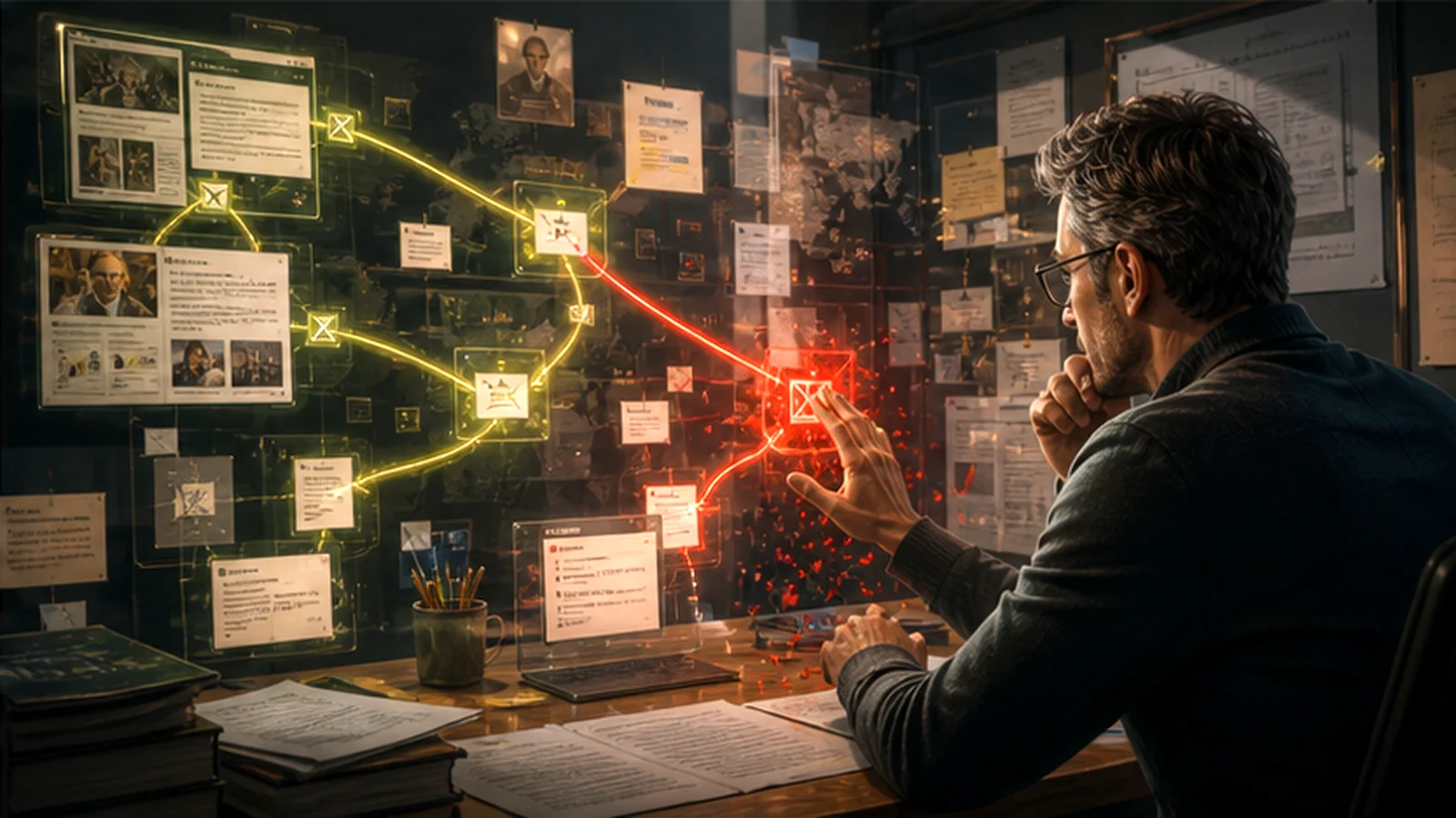Research desk with verified source paths and an answer engine