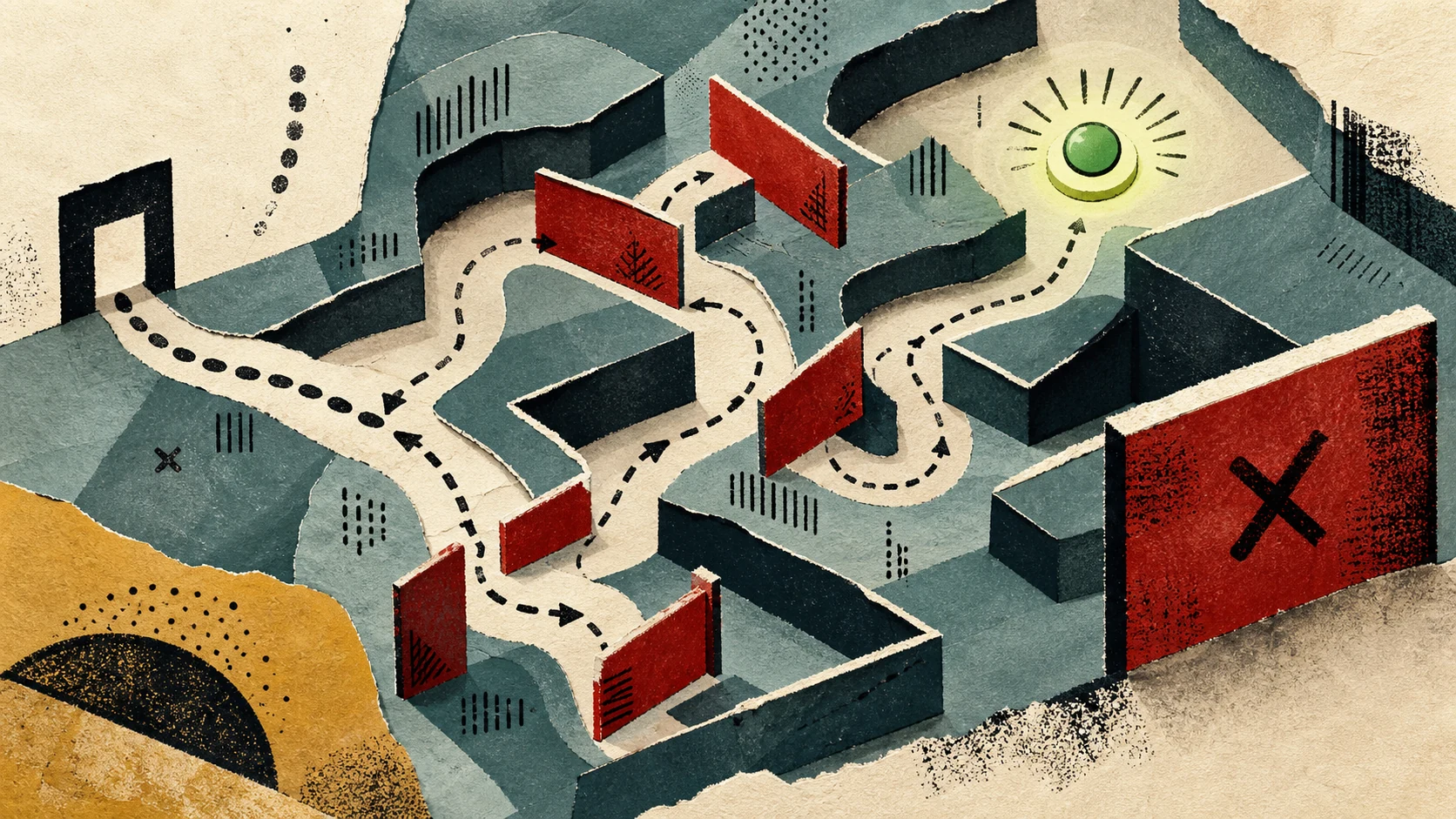 Ein grafischer Paper-Cut-Labyrinth zeigt adaptive Testpfade, rote Abbruchbarrieren und ein klar markiertes Ziel