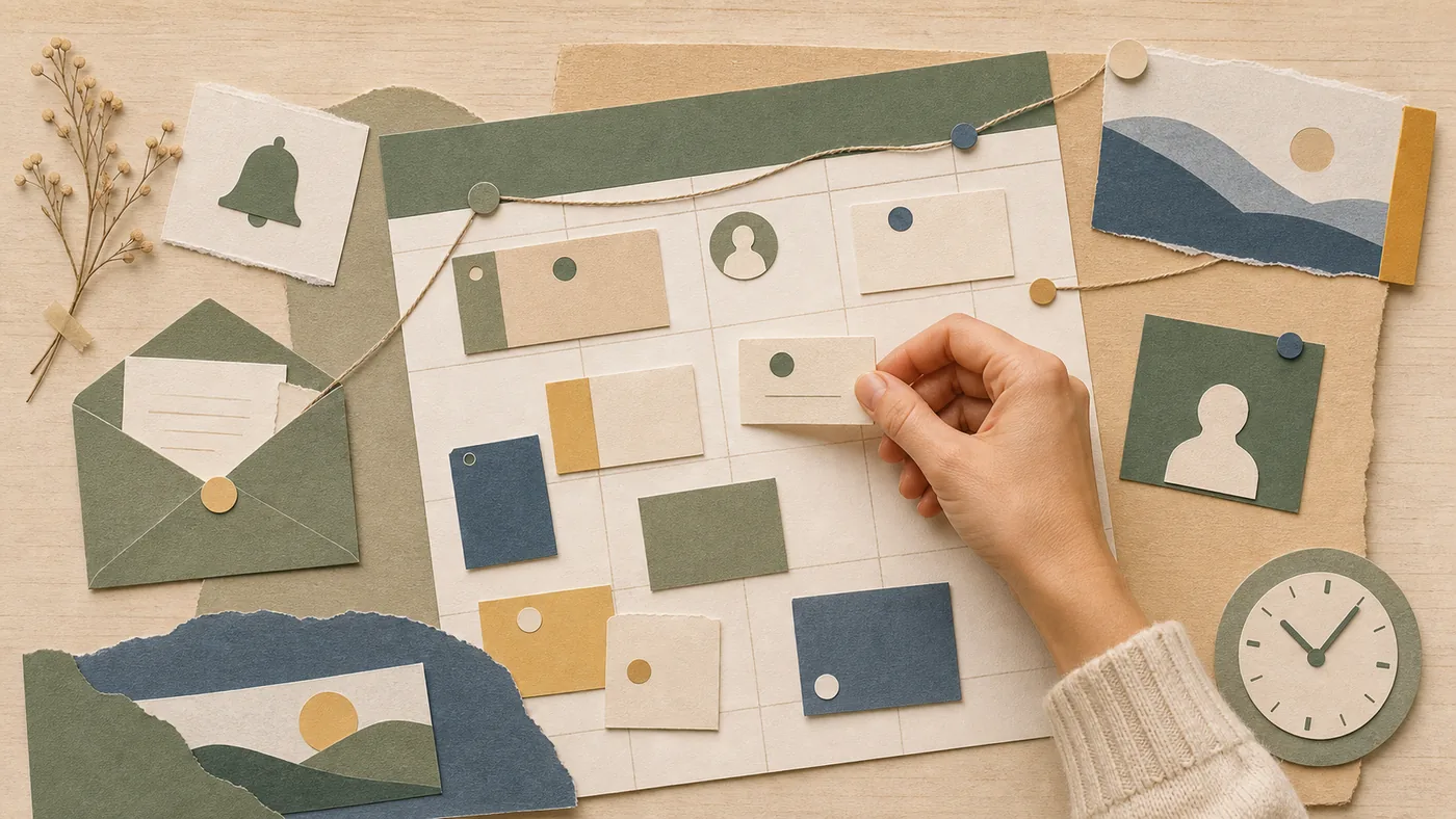 Illustration for 10to8: appointment and booking cards sorted on a planning desk