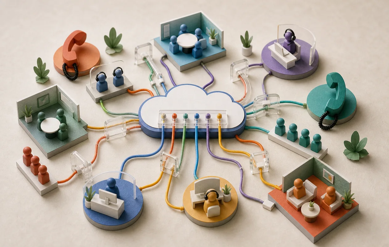 Illustration zu 8x8: Kommunikationswege laufen durch ein zentrales Cloud-Switchboard