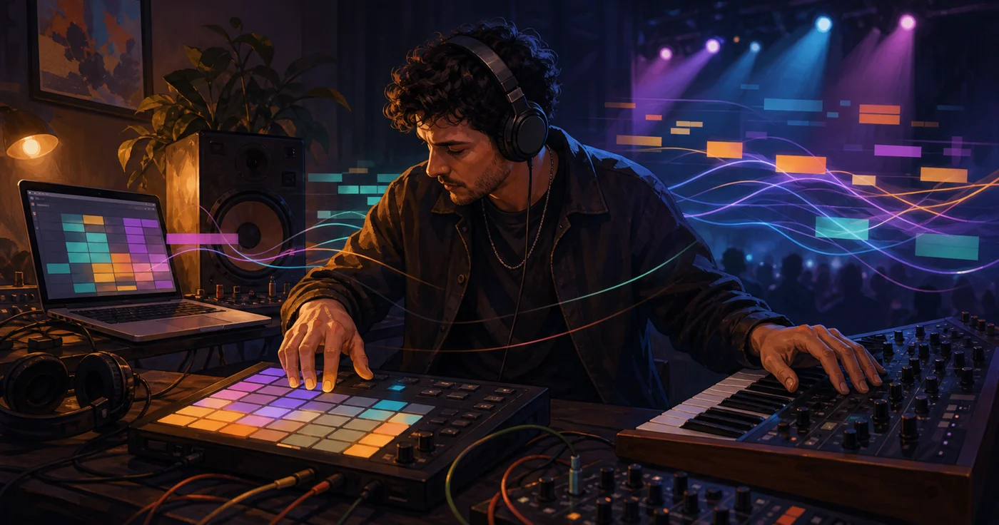 Illustration for Ableton Live: producer works with a controller, synthesizer, and abstract loop tracks between studio and stage