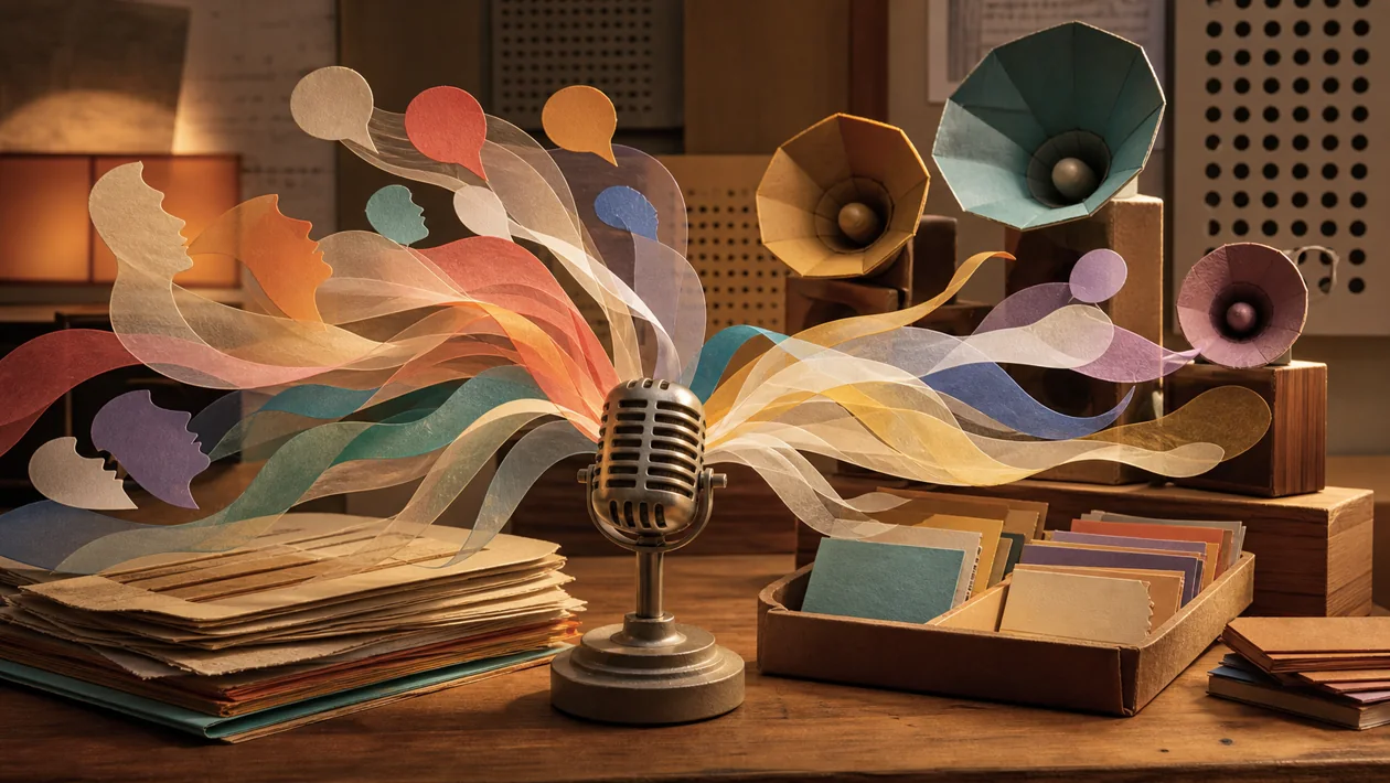 Illustration for Acapela Group: studio microphone turns text cards into colorful voice waves