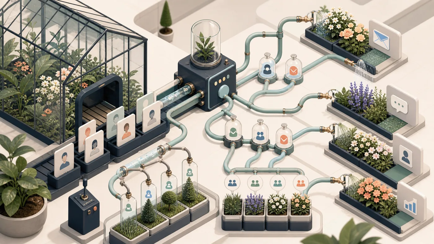 Illustration zu ActiveCampaign: Marketing-Automation als gepflegter Kampagnen-Garten