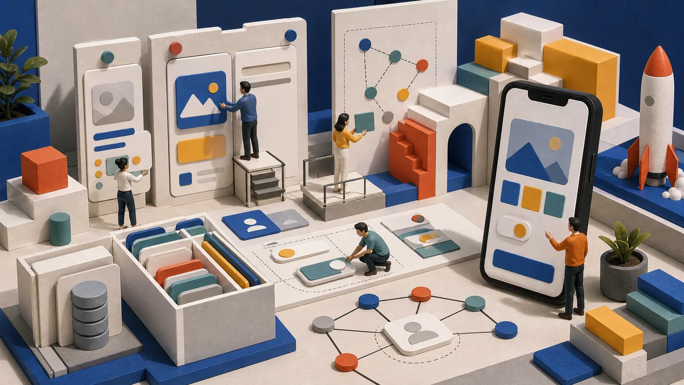 Illustration for Adalo: no-code app assembled from modules, screens and blocks