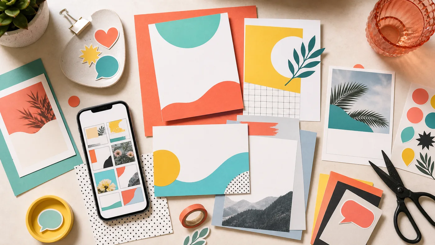 Illustration for Adobe Express: quick campaign cards, image crops and color blocks on a creative desk