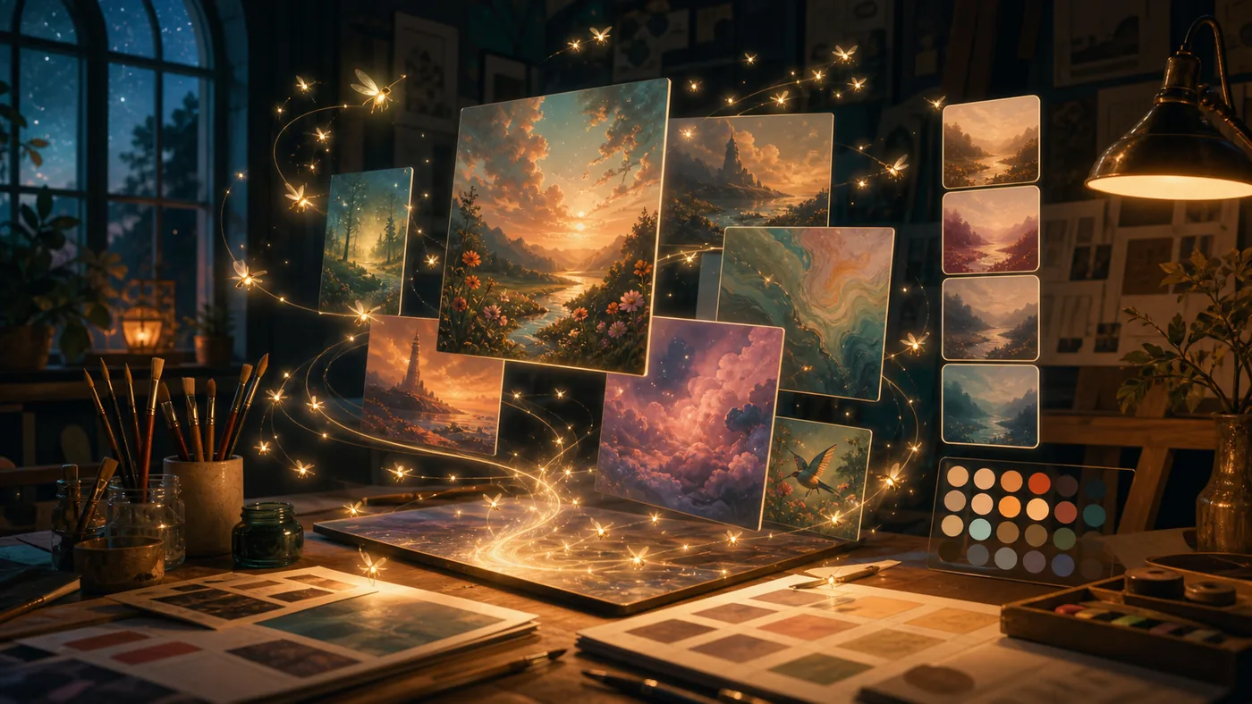 Illustration for Adobe Firefly: luminous creative studio for image ideas and visual variants