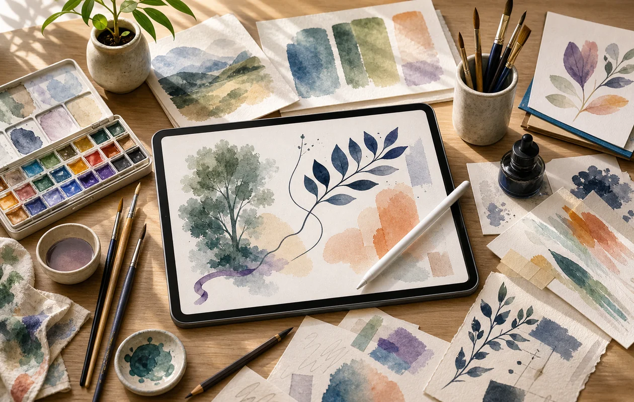 Illustration for Adobe Fresco: digital painting tools connect sketch, color, and brush textures