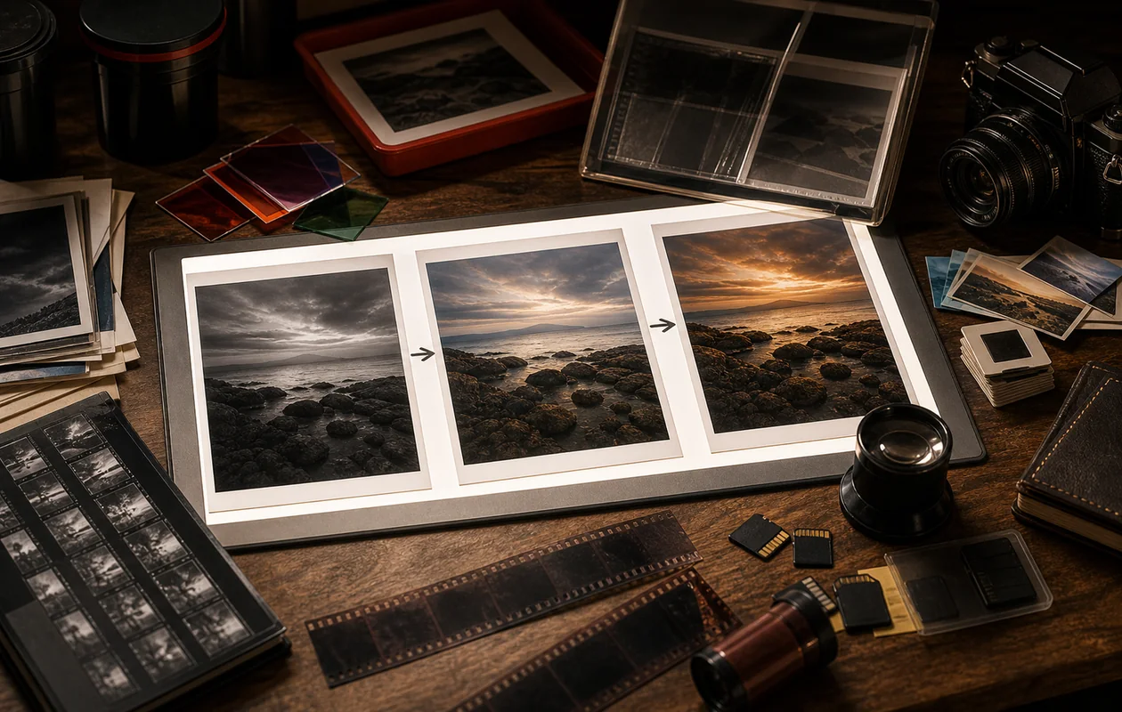 Illustration zu Adobe Lightroom: Fotoabzuege werden sortiert, geprueft und farblich abgestimmt
