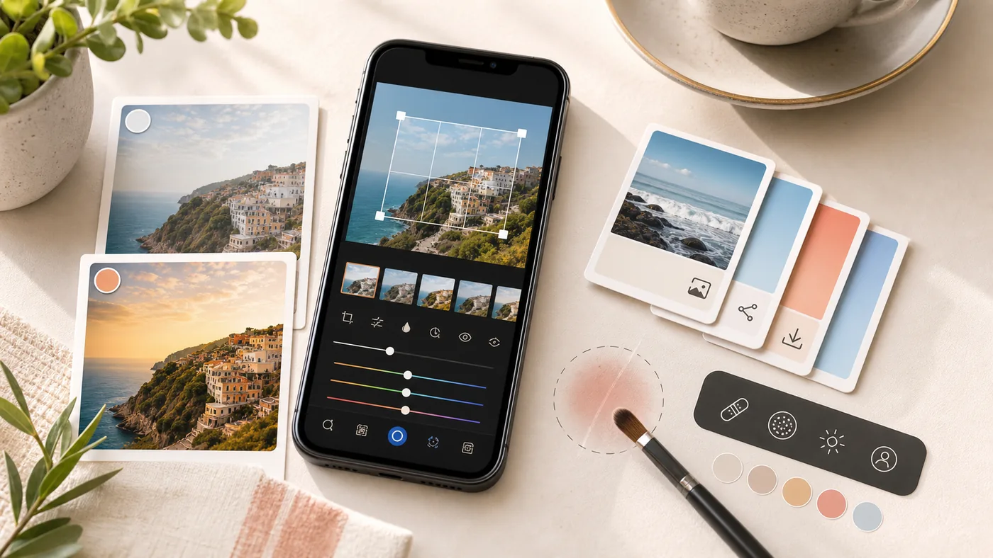Illustration for Adobe Photoshop Express: mobile photo studio with crop, retouching and color adjustment