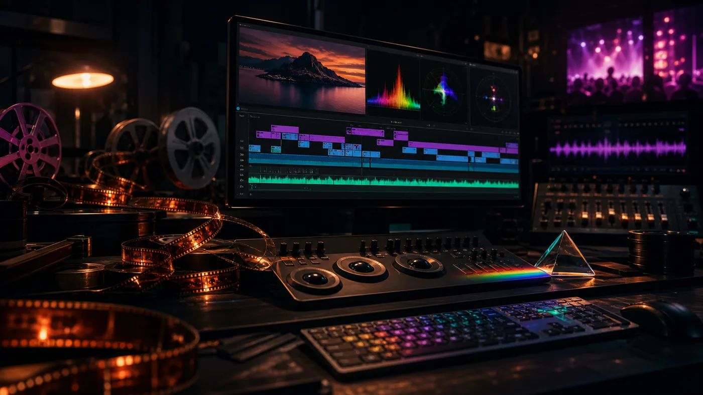 Illustration for Adobe Premiere Pro: editing desk with film tracks, audio waves and color grading light