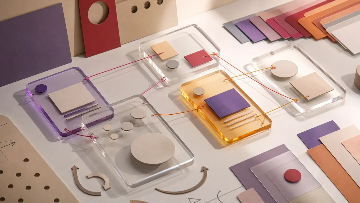 Illustration for Adobe XD: acrylic screens, components, and connection lines form a prototype