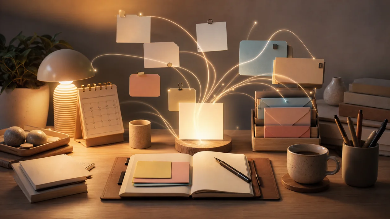 Illustration for Adot AI: task cards, calendar blocks, and light trails organize a workday