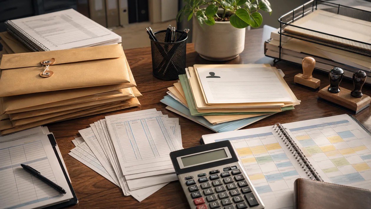 Illustration for ADP Workforce Now: payroll envelopes, time cards, and approval stamps structure an HR workflow
