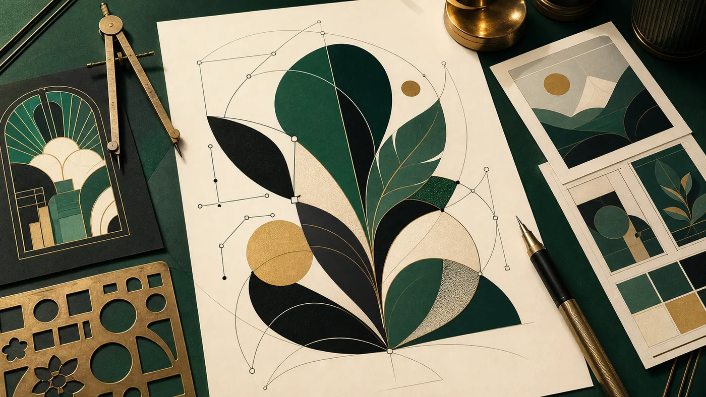 Illustration for Affinity Designer: curves, compass and color fields on an elegant drafting table