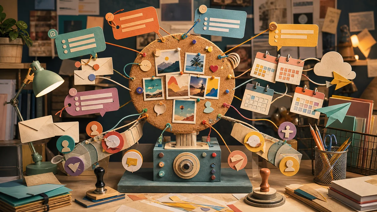 Illustration for Agorapulse: campaign cards, message capsules, and calendar points orbit a social media plan