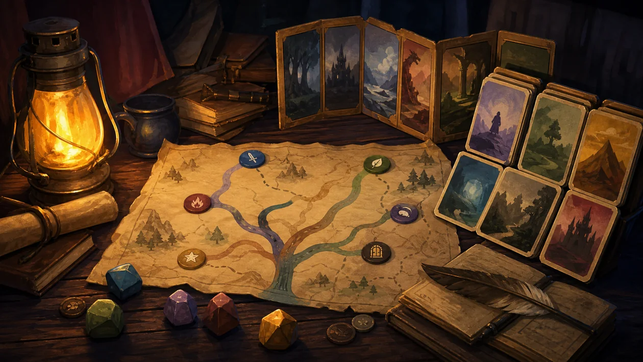 Illustration for AI Dungeon: adventure map, choice stones, and lantern light open branching story paths