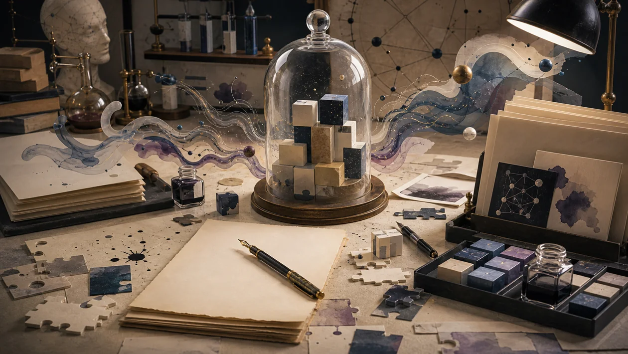 Illustration for AI21 Labs: manuscript pages, language blocks, and ink paths emerge in a writing lab