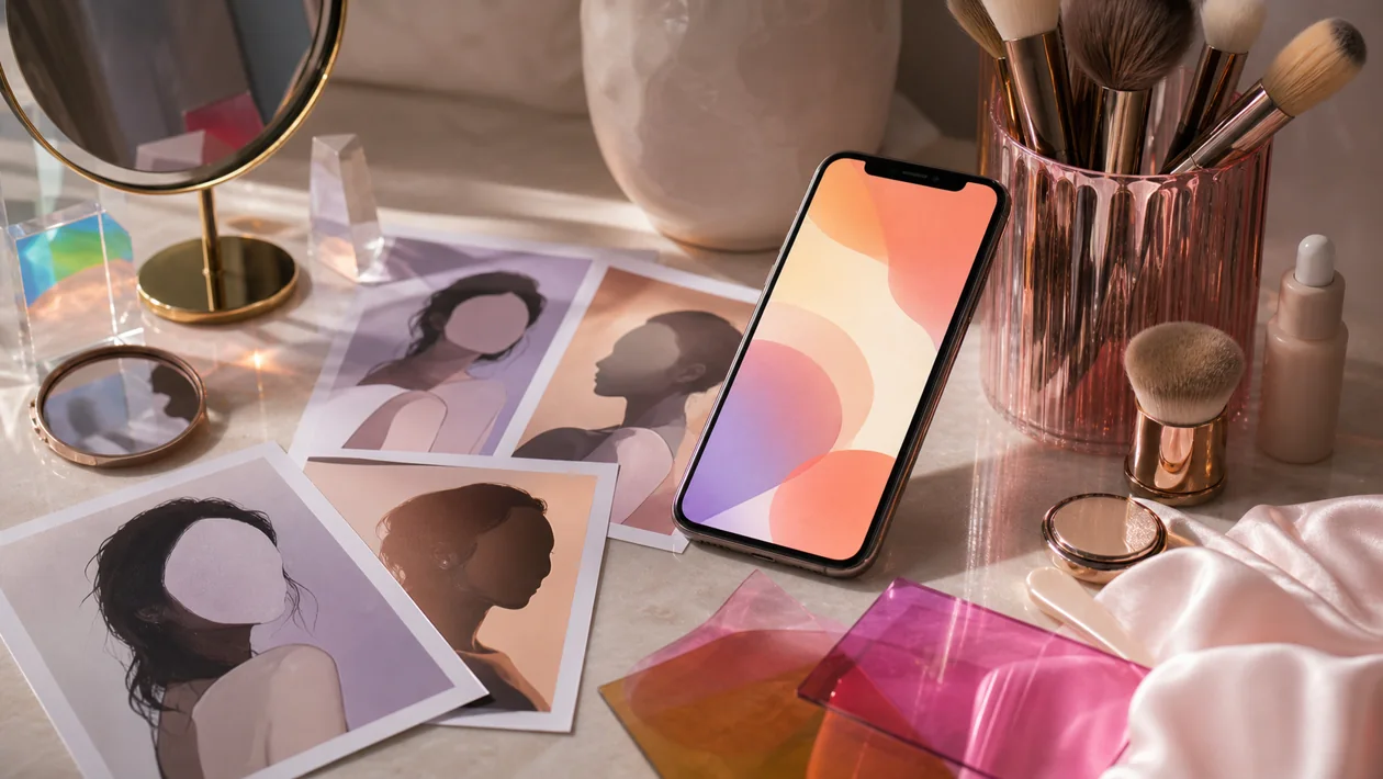 Illustration for AirBrush: beauty still life with color gels, brushes, and an abstract smartphone image