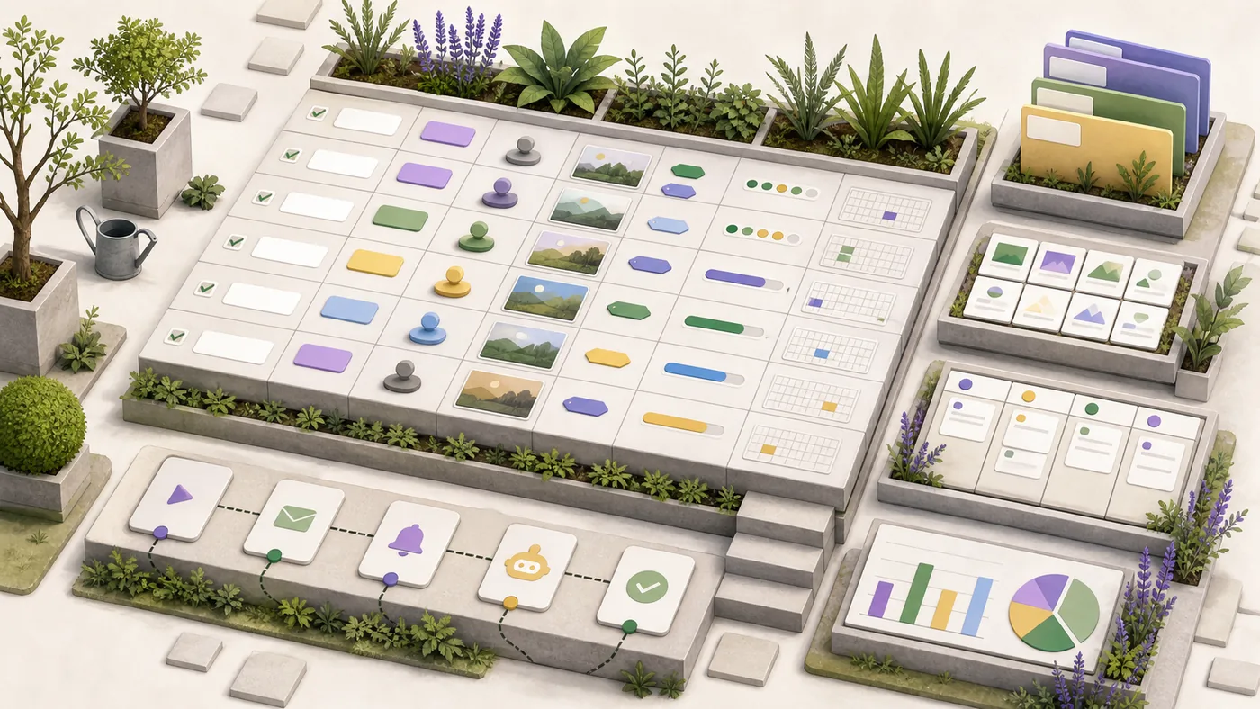 Illustration for Airtable: table fields and data views as a tended data garden