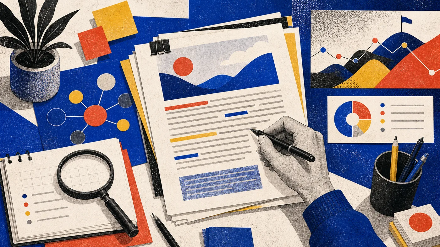 Illustration for AISEO: SEO editing desk with content brief, keywords and structure cards
