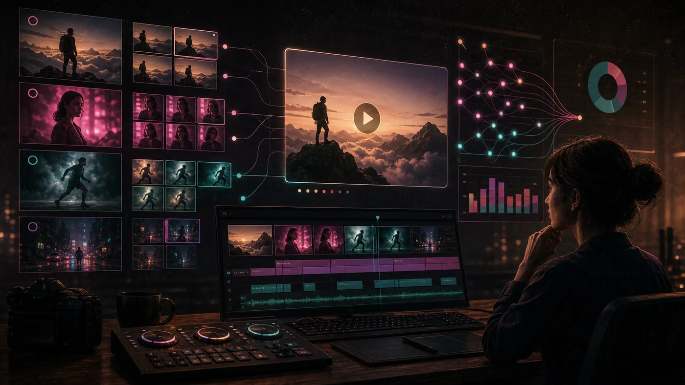Illustration for Aive: video marketing with editing monitors, scenes and campaign clips