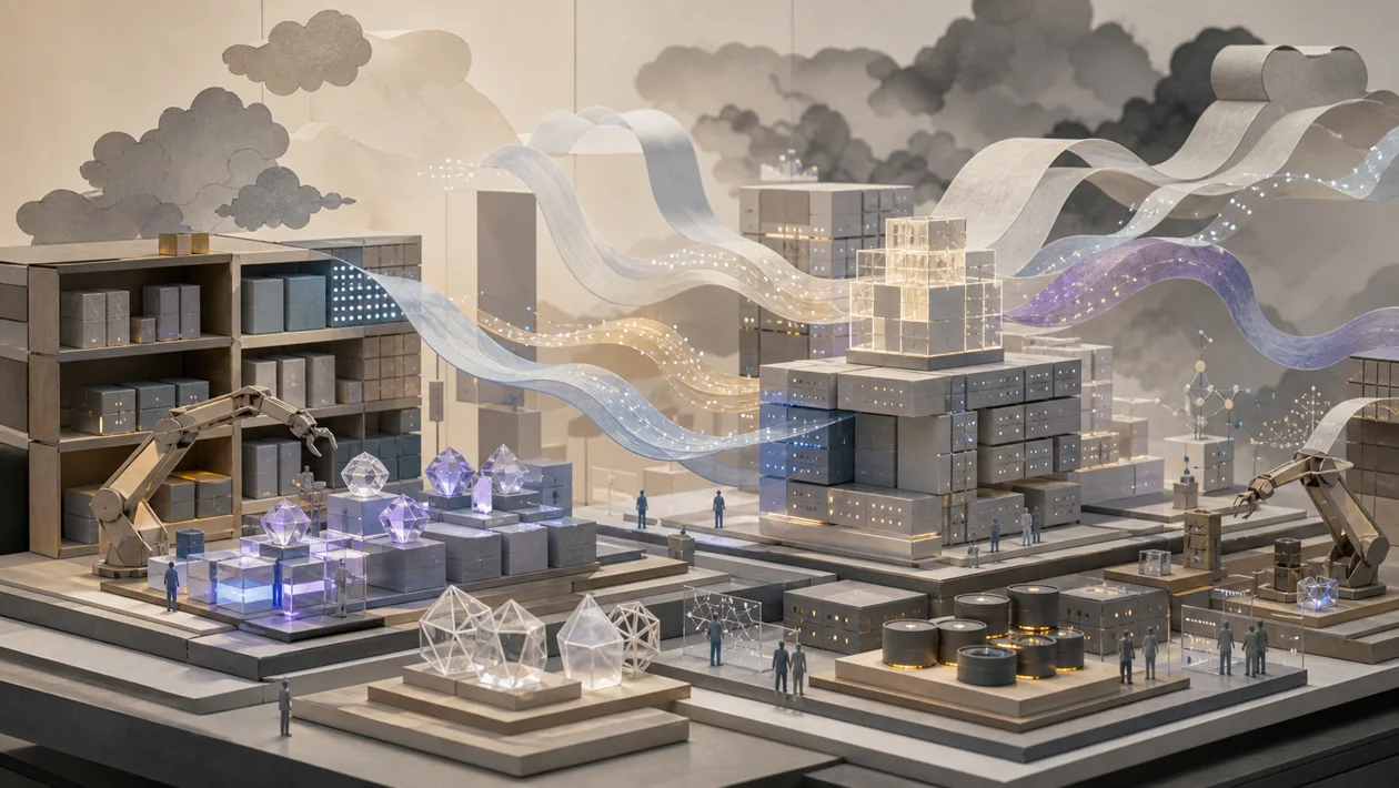 Illustration for Alibaba Cloud AI: modular cloud workshop with model crystals, data streams, and service blocks