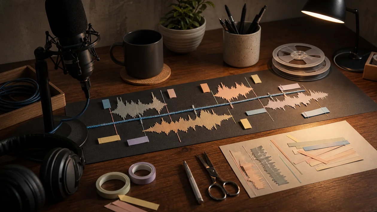 Illustration for Alitu: podcast desk with microphone, waveform strips, and editing markers