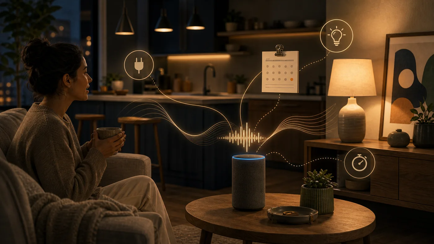 Illustration for Amazon Alexa: smart-home voice control with light waves in a living room