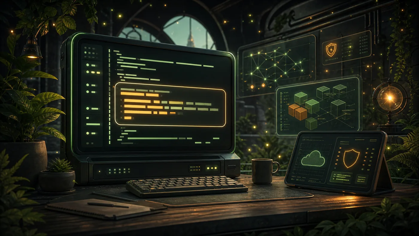 Illustration for Amazon CodeWhisperer: code suggestions glowing inside a safe developer workshop