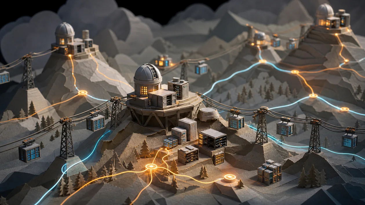 Illustration zu Amazon EMR: Datenhuetten, Kabelbahnen und Verarbeitungspfade bilden ein Cluster-Gebirge