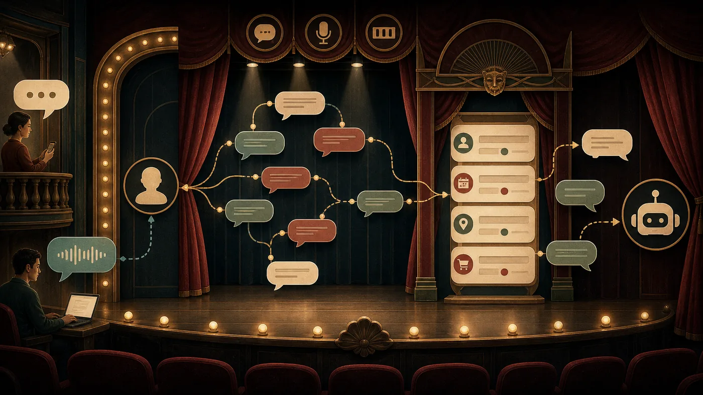 Illustration for Amazon Lex: dialog bot flows as a theatre model with response paths