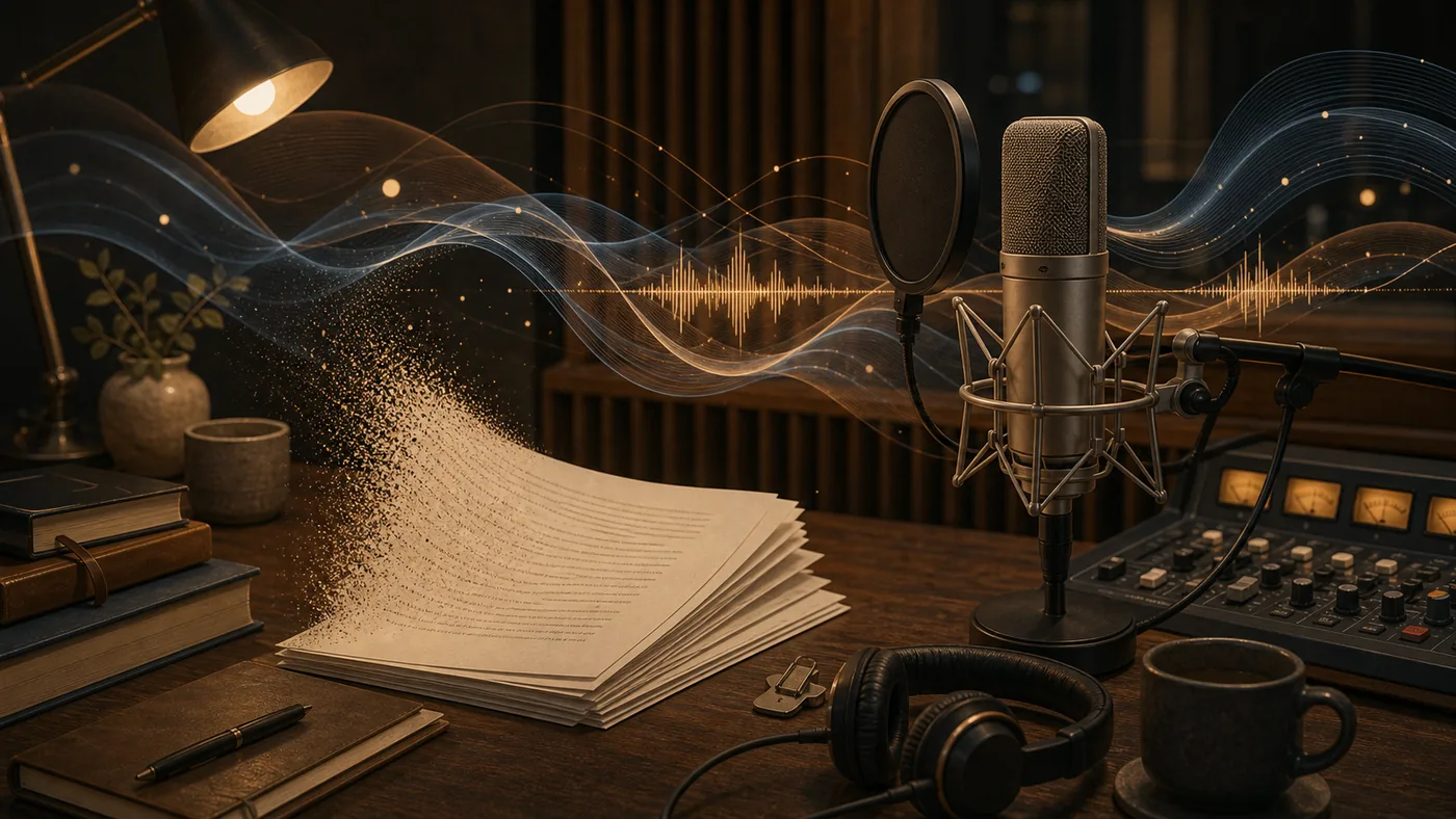 Illustration for Amazon Polly: text-to-speech studio with microphone, voice and sound waves