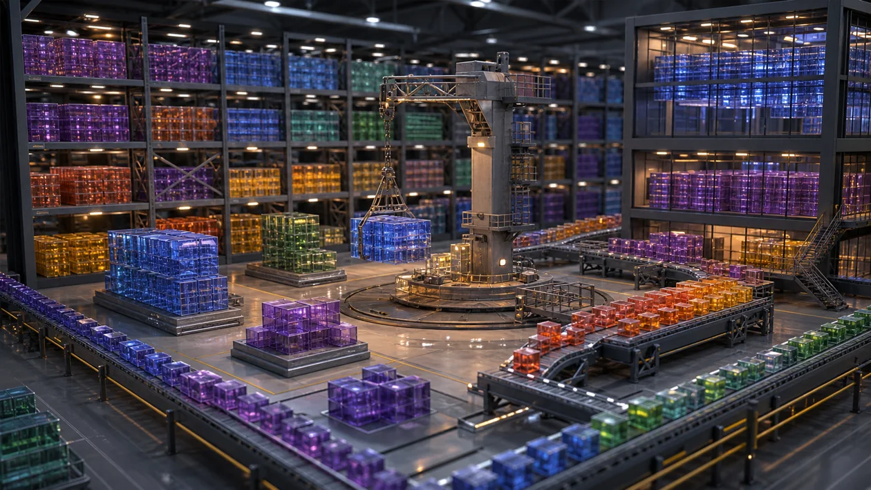 Illustration for Amazon Redshift: data cubes move through a warehouse for analytics queries
