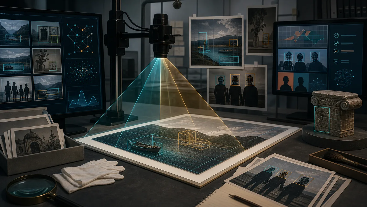 Illustration for Amazon Rekognition: image analysis lab with photos, frames and signal markers