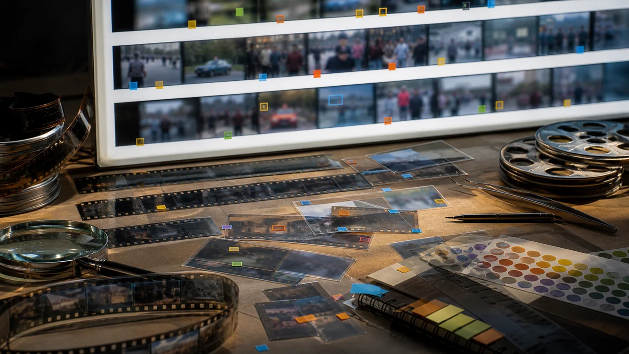 Illustration for Amazon Rekognition Video: film strips, lightbox, and detection markers structure video review