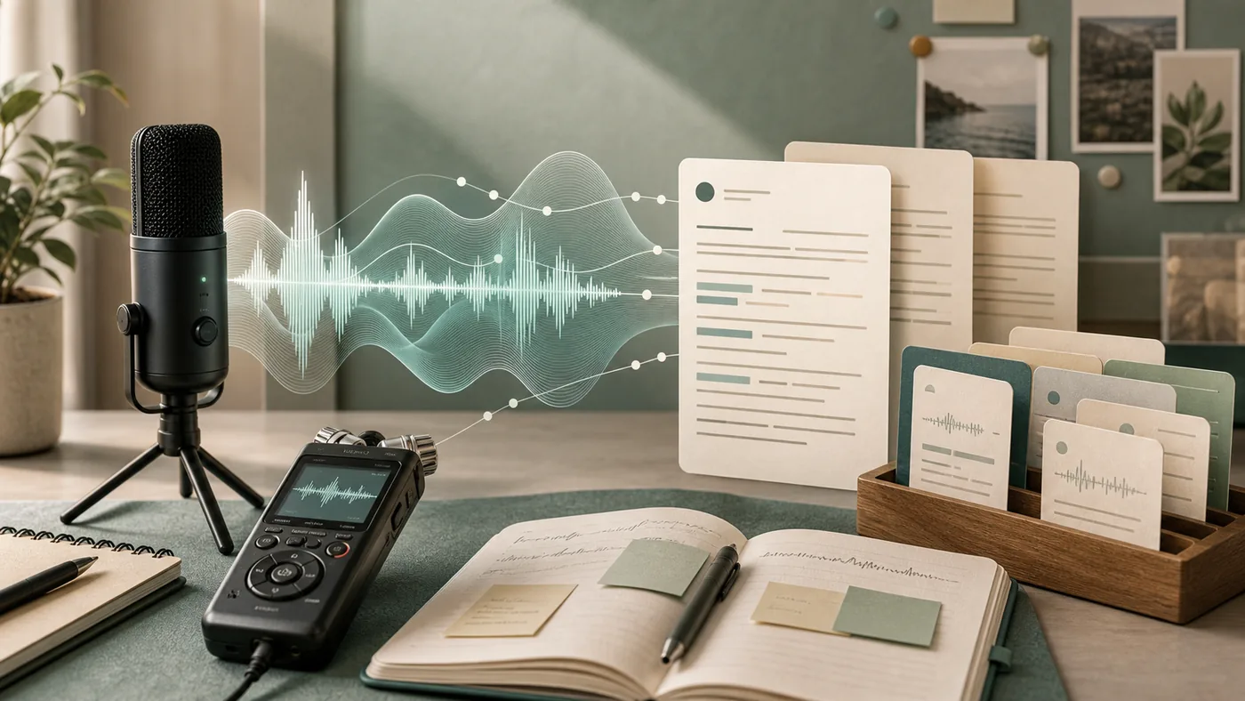 Illustration for Amazon Transcribe: interview waveforms becoming organized transcript pages
