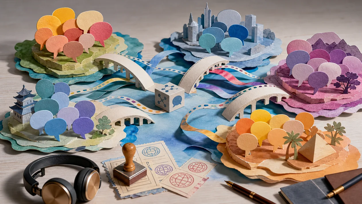 Illustration for Amazon Translate: paper bridges connect abstract speech bubbles and translation paths