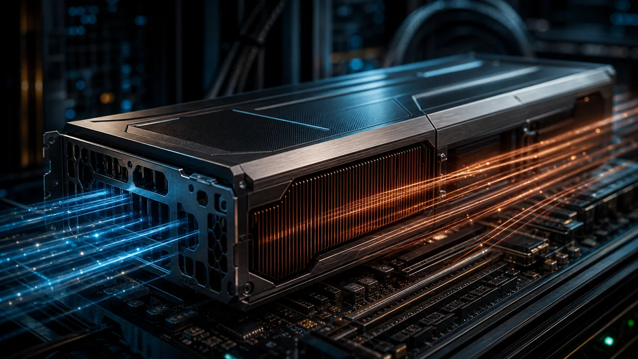 Illustration zu AMD Instinct GPU: Generische Beschleunigerkarte mit Kuehlrippen und Datenlicht im Labor