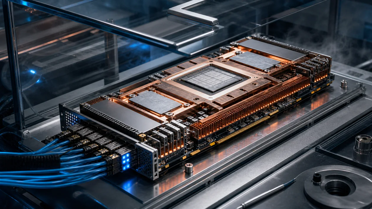 Illustration for AMD Instinct MI100: accelerator module under glass shows cooling, traces, and compute light