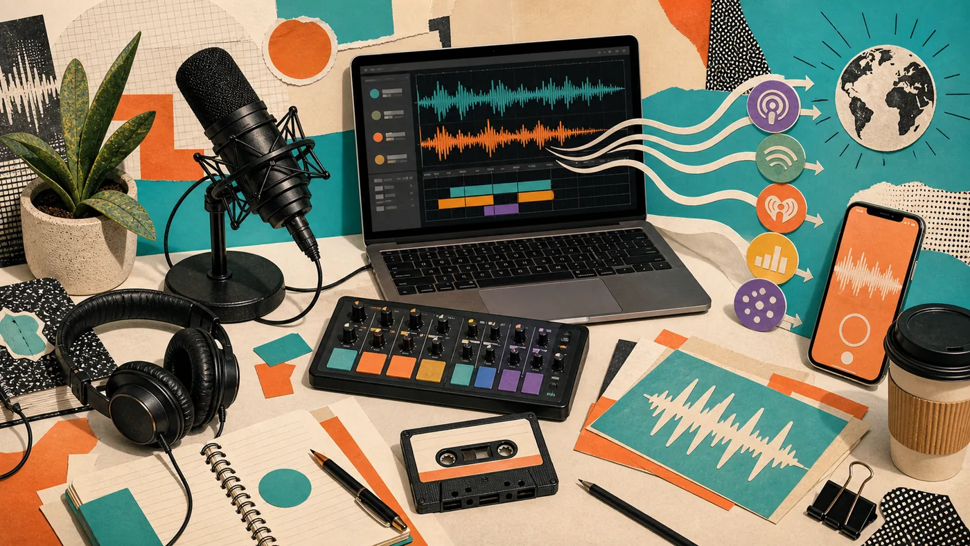 Illustration for Anchor: podcast production with microphone, episode cards and distribution