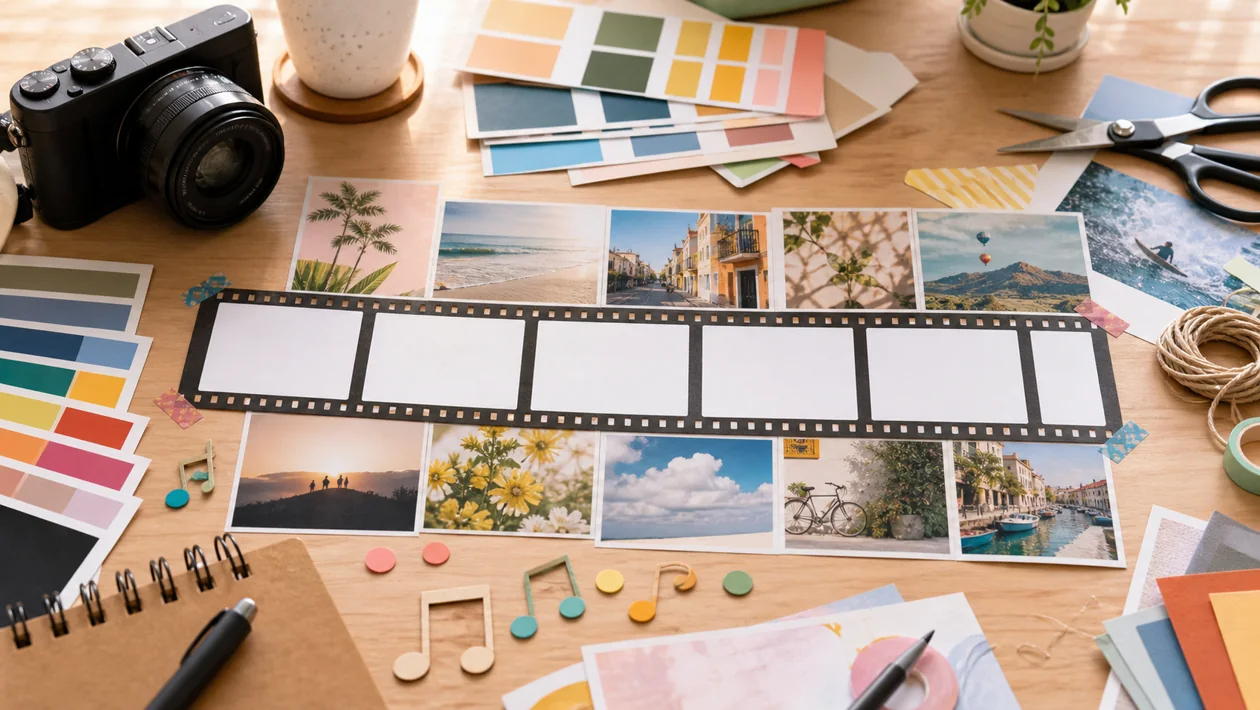 Illustration for Animoto: photo cards, music points, and film strips are arranged into a video montage