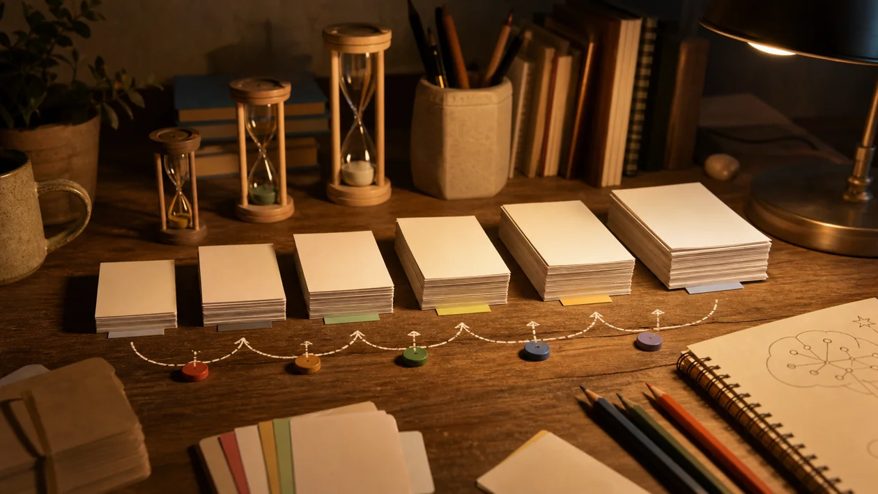 Illustration for Anki: flashcards, time markers, and study stacks organize review intervals