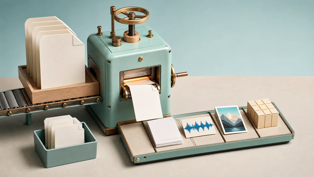 Illustration for AnyConv: file cards pass through a small conversion machine
