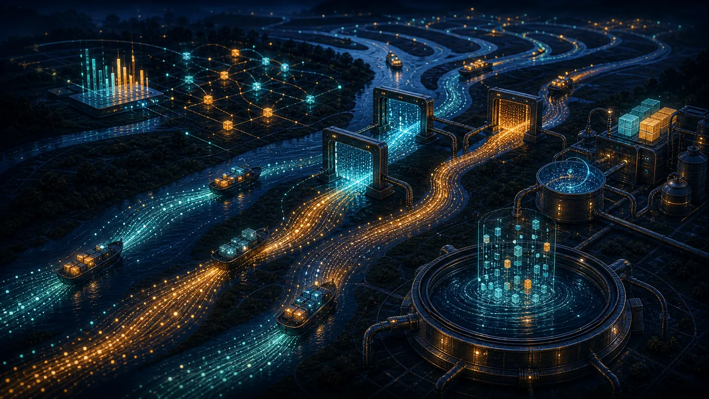 Illustration for Apache Flink: event streams as a glowing river delta of data