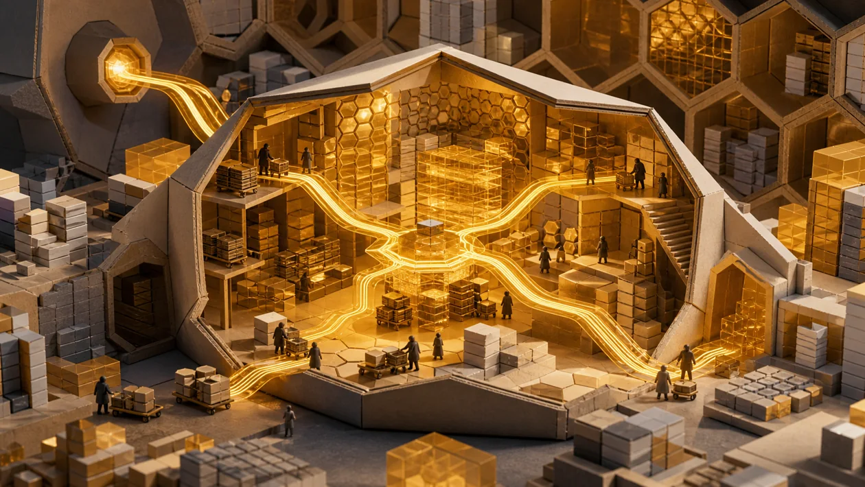 Illustration zu Apache Hive: Hexagonales Datenlager verbindet Tabellenkammern mit Query-Pfaden